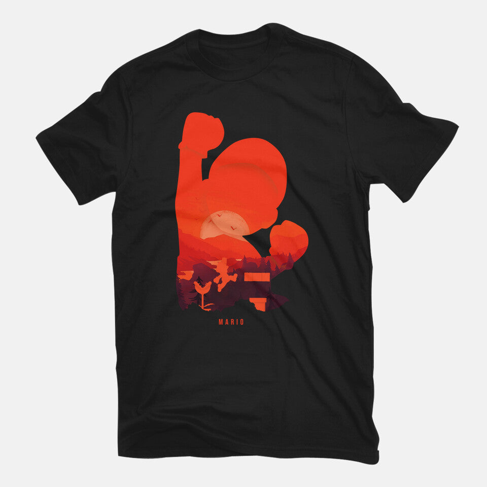 Mario Landscape – Gaming Graphic T-Shirt in black, flat-lay product view