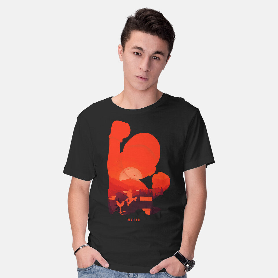 Model wearing black Mario Landscape – Gaming Graphic T-Shirt