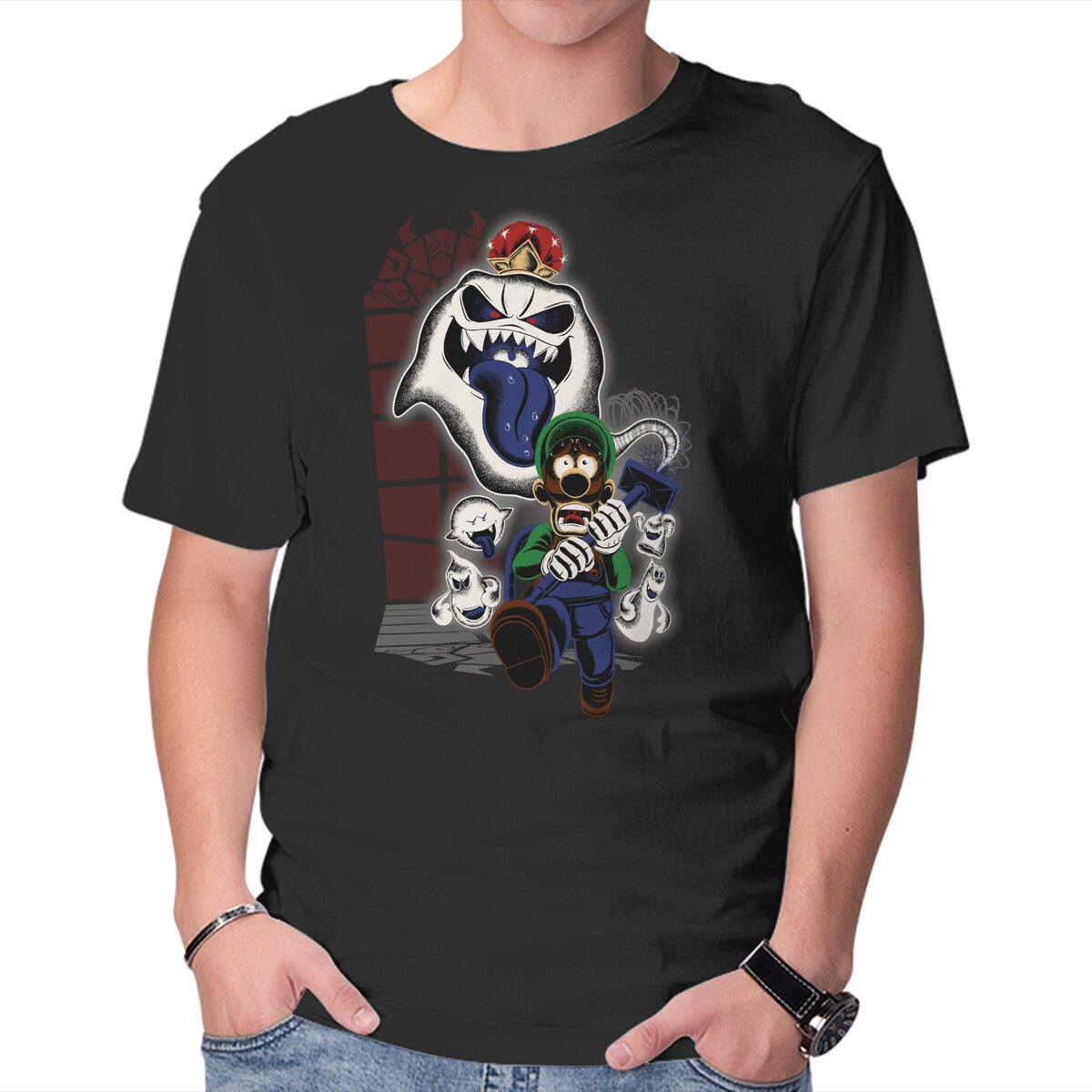 Mansion Ghost – Gaming Graphic T-Shirt in black, product display