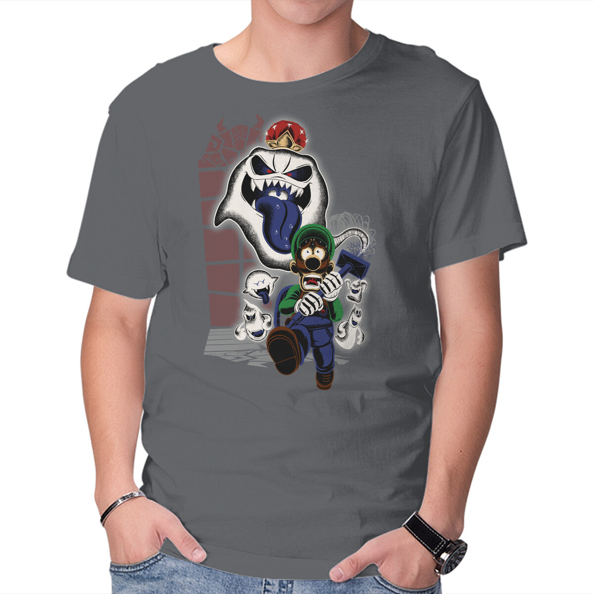 Mansion Ghost – Gaming Graphic T-Shirt in charcoal, product display