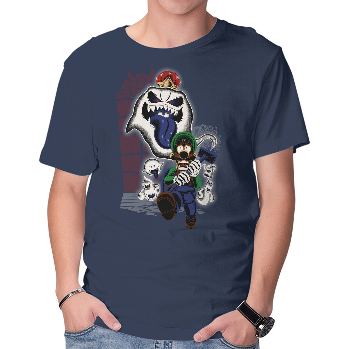 Mansion Ghost – Gaming Graphic T-Shirt in navy, product display