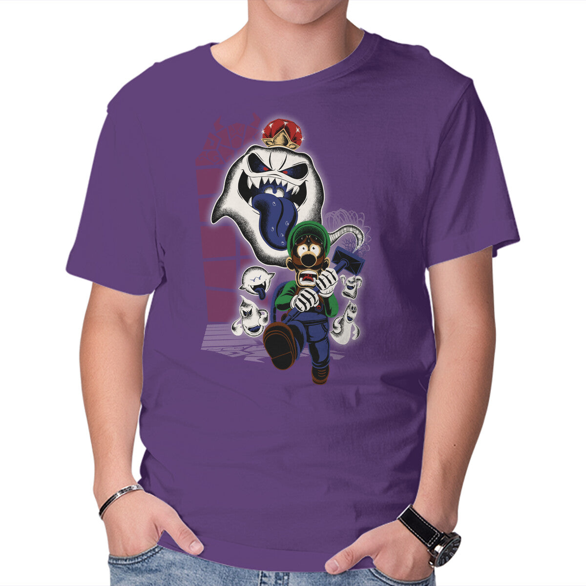 Mansion Ghost – Gaming Graphic T-Shirt in purple, product display