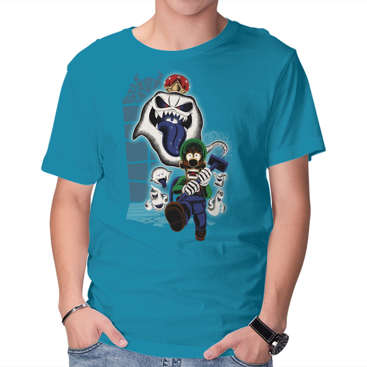Mansion Ghost – Gaming Graphic T-Shirt in turquoise, product display