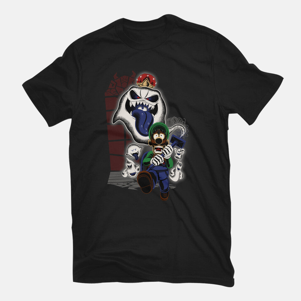 Mansion Ghost – Gaming Graphic T-Shirt in black, flat-lay product view