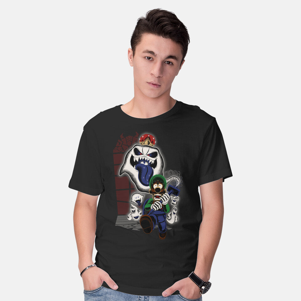 Model wearing black Mansion Ghost – Gaming Graphic T-Shirt