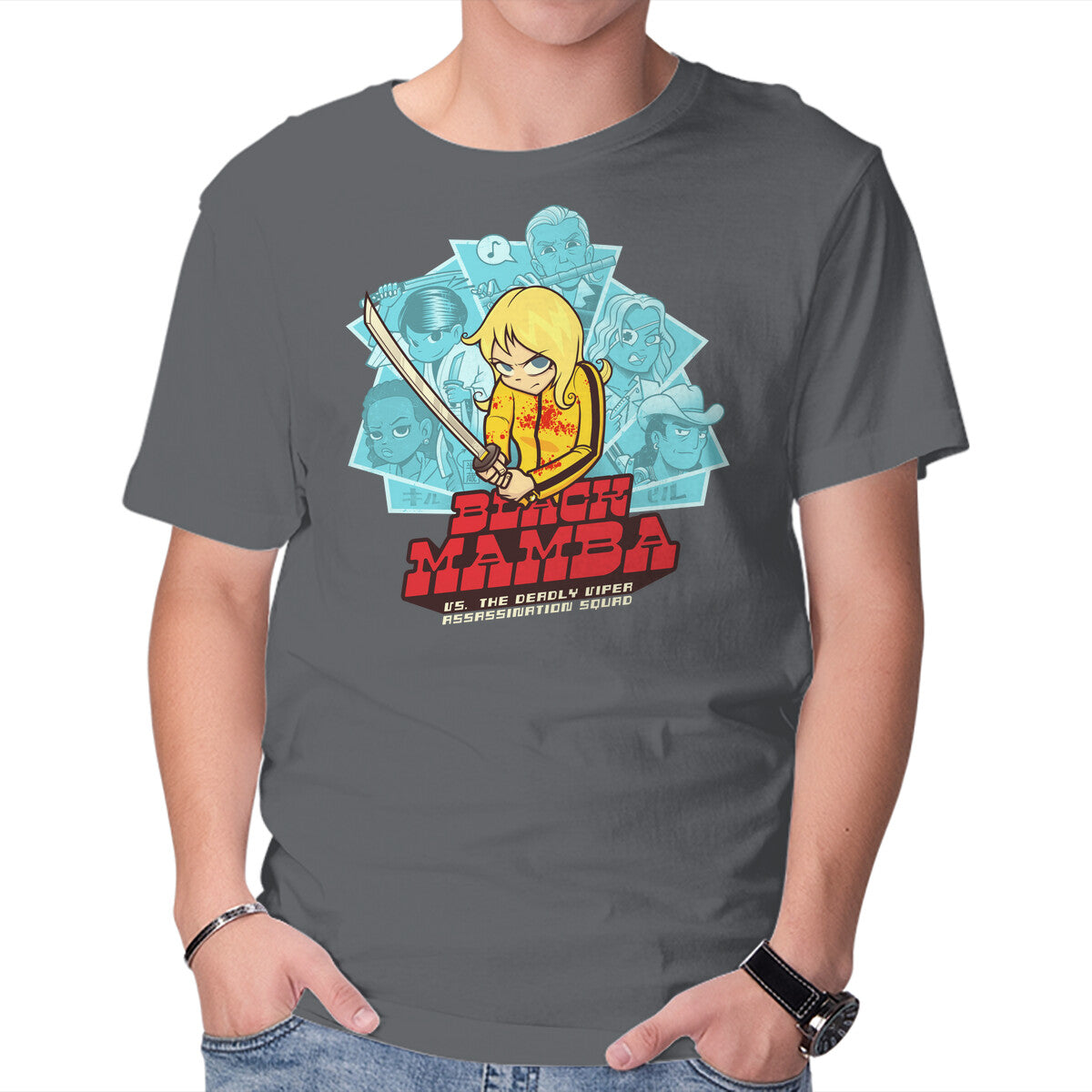 Black Mamba Vs The Deadly Vipers – Movie Graphic T-Shirt in charcoal, product display