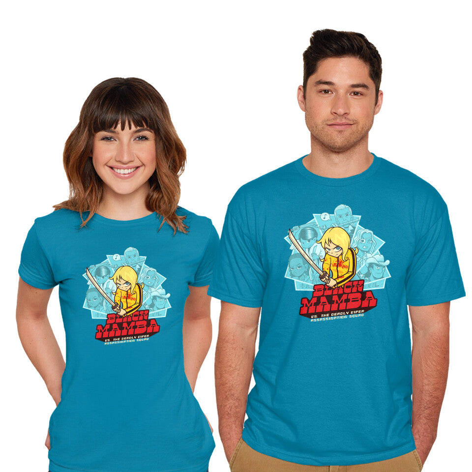 Model wearing turquoise Black Mamba Vs The Deadly Vipers – Movie Graphic T-Shirt