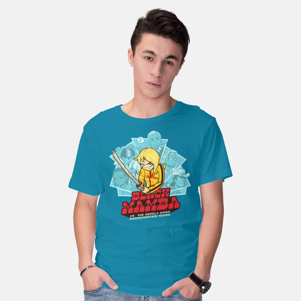 Model wearing turquoise Black Mamba Vs The Deadly Vipers – Movie Graphic T-Shirt
