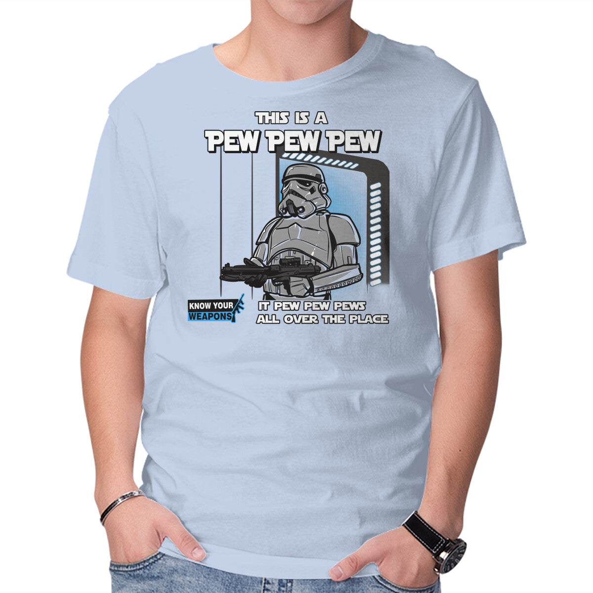 Pew Pew Pew – Sci-Fi Graphic T-Shirt in blue, product display