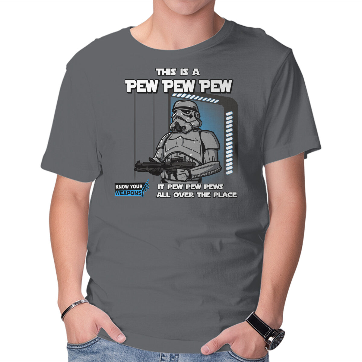 Pew Pew Pew – Sci-Fi Graphic T-Shirt in charcoal, product display