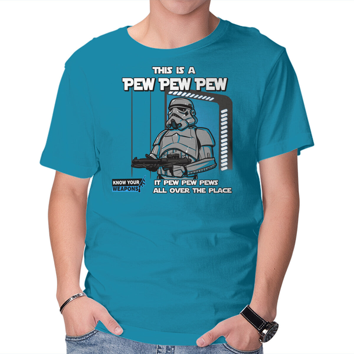Pew Pew Pew – Sci-Fi Graphic T-Shirt in turquoise, product display