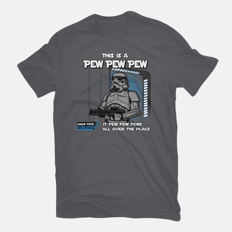 Pew Pew Pew – Sci-Fi Graphic T-Shirt in charcoal, flat-lay product view