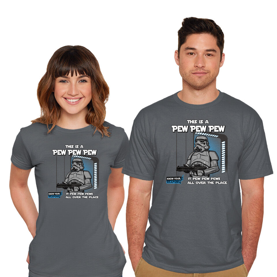 Model wearing charcoal Pew Pew Pew – Sci-Fi Graphic T-Shirt