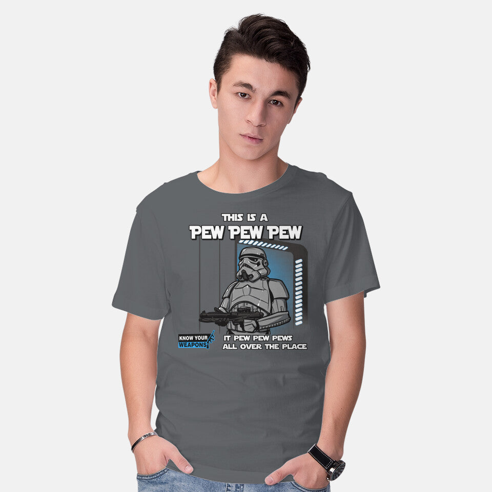 Model wearing charcoal Pew Pew Pew – Sci-Fi Graphic T-Shirt