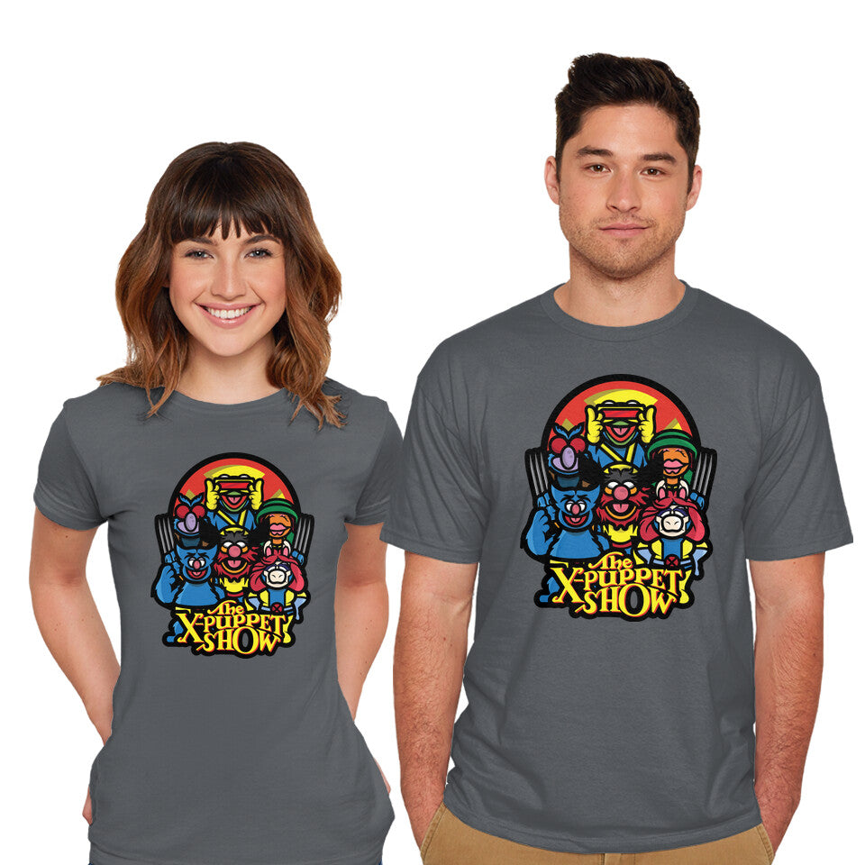 Model wearing charcoal The X-Puppet Show – Movie Graphic T-Shirt
