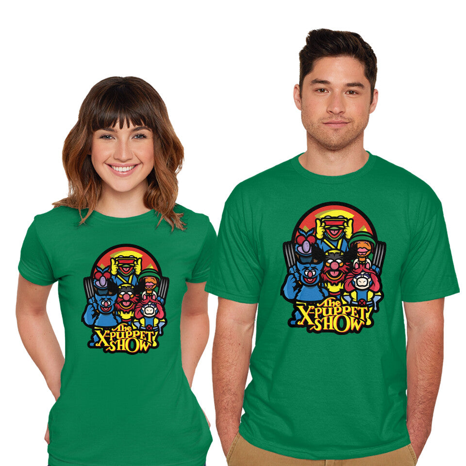 Model wearing green The X-Puppet Show – Movie Graphic T-Shirt