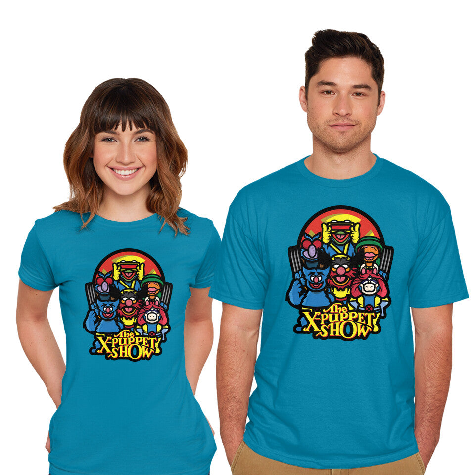 Model wearing turquoise The X-Puppet Show – Movie Graphic T-Shirt