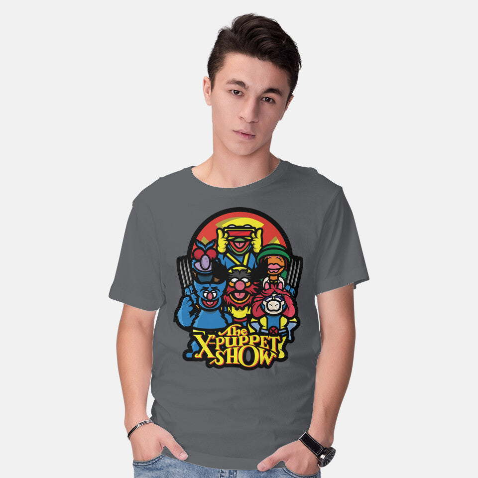 Model wearing charcoal The X-Puppet Show – Movie Graphic T-Shirt
