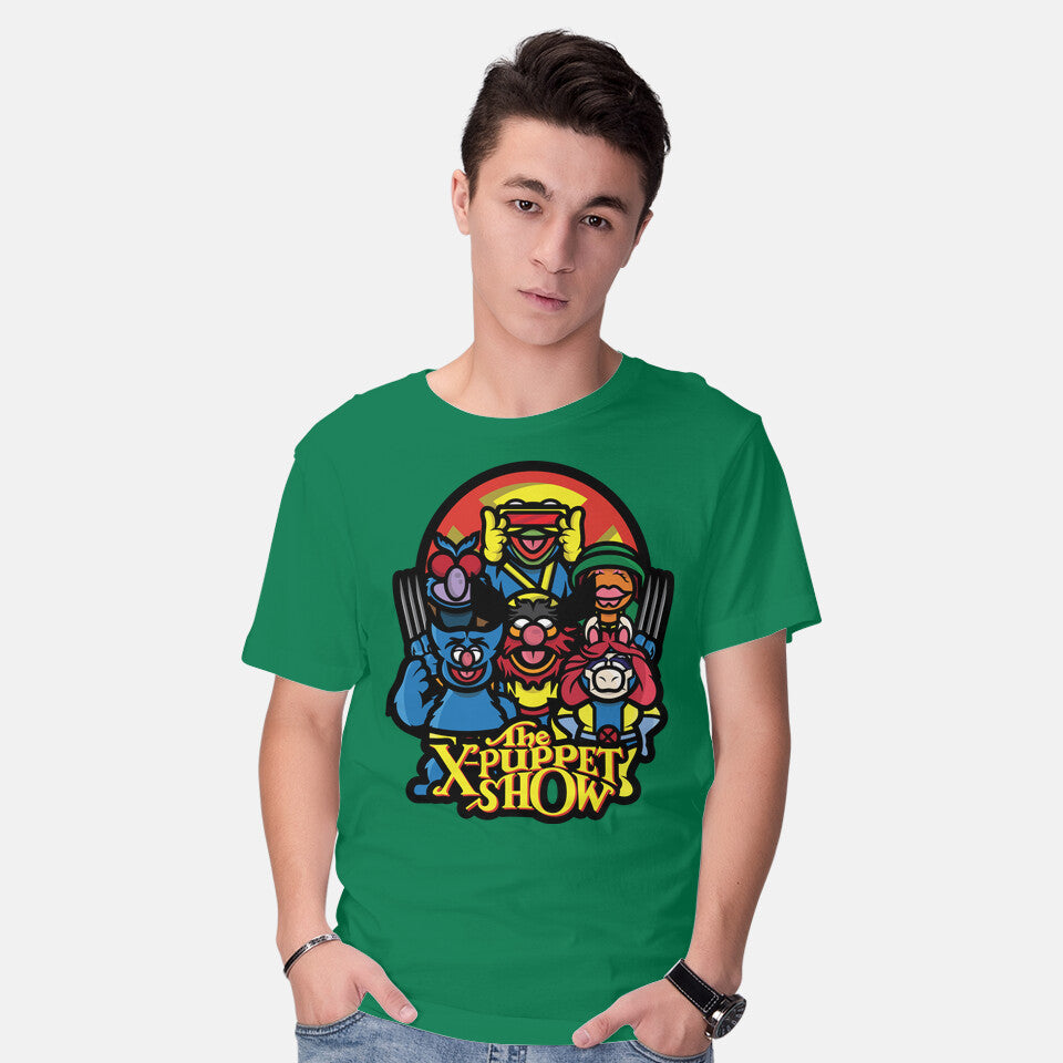 Model wearing green The X-Puppet Show – Movie Graphic T-Shirt