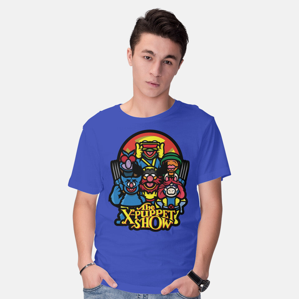 Model wearing royal blue The X-Puppet Show – Movie Graphic T-Shirt