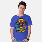 Model wearing royal blue The X-Puppet Show – Movie Graphic T-Shirt