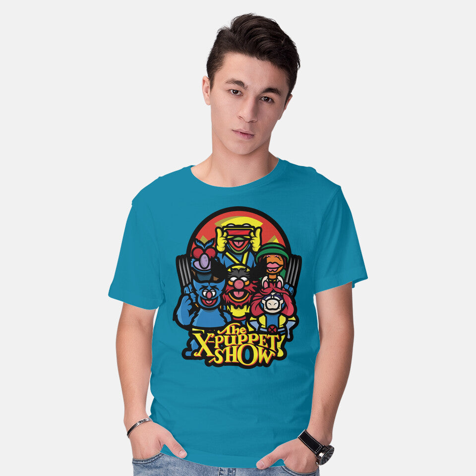 Model wearing turquoise The X-Puppet Show – Movie Graphic T-Shirt