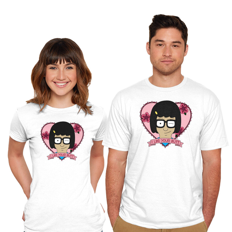 Model wearing white Tina's Valentine – Funny Graphic T-Shirt