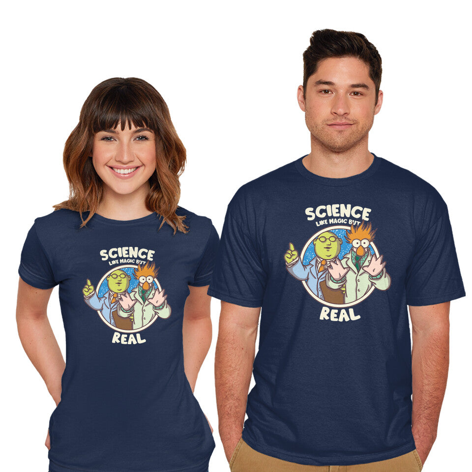 Model wearing navy Science Like Magic – Movie Graphic T-Shirt