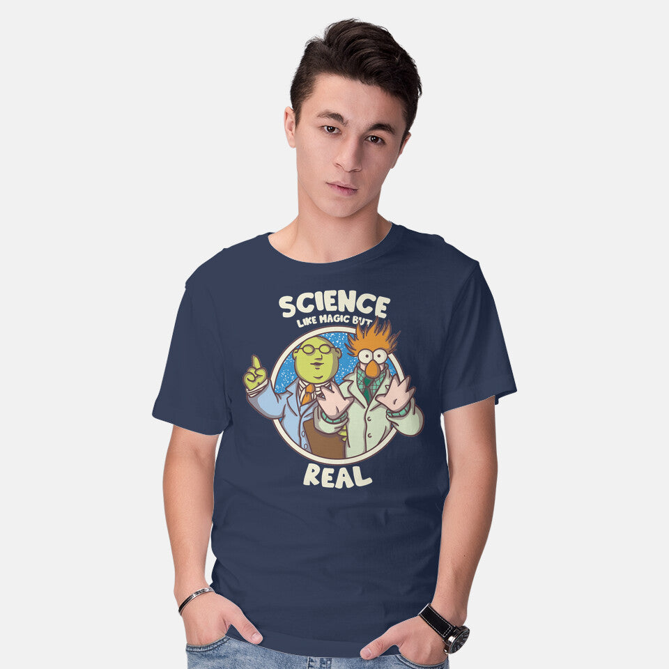 Model wearing navy Science Like Magic – Movie Graphic T-Shirt