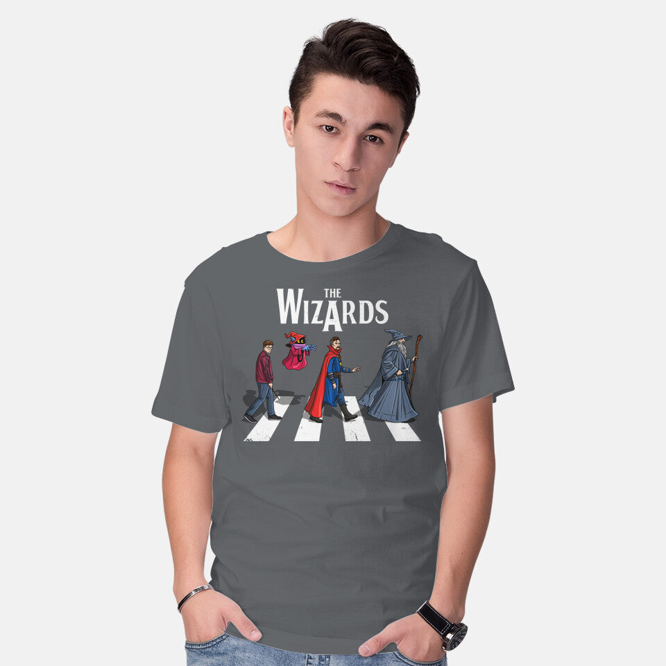 Model wearing charcoal The Wizards Road – Fantasy Graphic T-Shirt