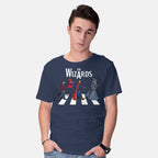 Model wearing navy The Wizards Road – Fantasy Graphic T-Shirt