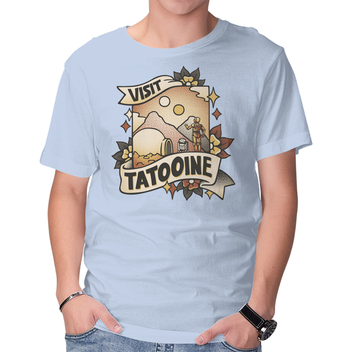 Visit Tatooine Tattoo – Sci-Fi Graphic T-Shirt in blue, product display