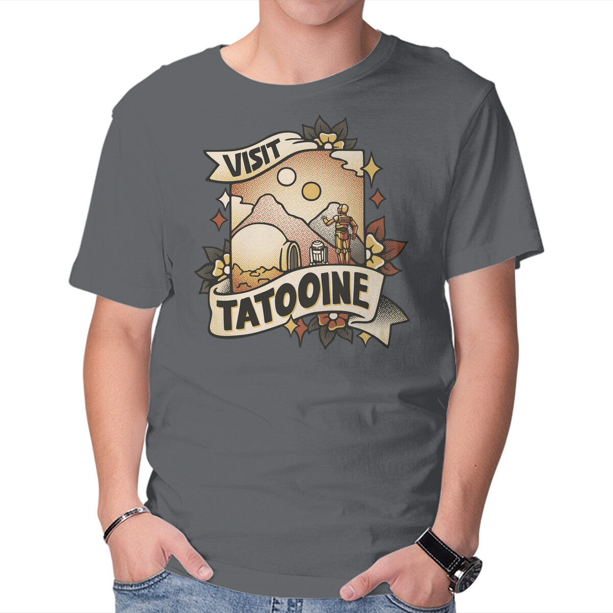 Visit Tatooine Tattoo – Sci-Fi Graphic T-Shirt in charcoal, product display
