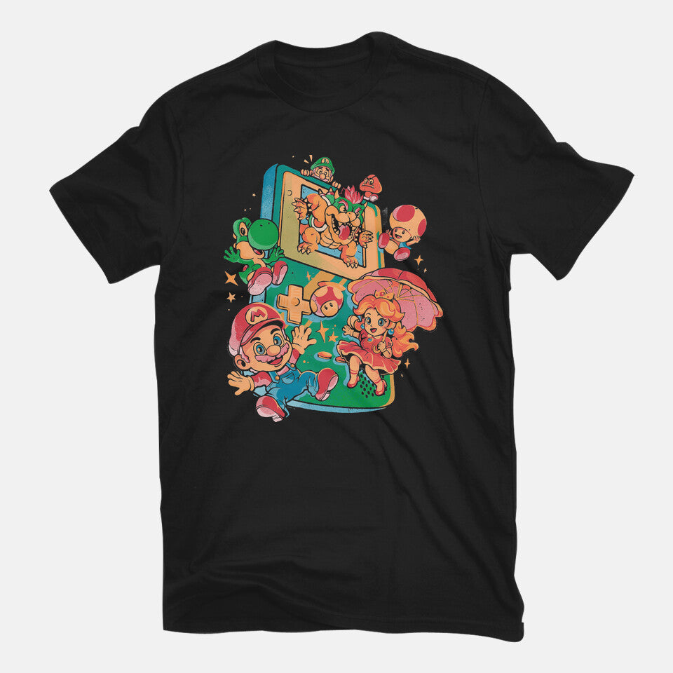 Plumber Game – Gaming Graphic T-Shirt in black, flat-lay product view