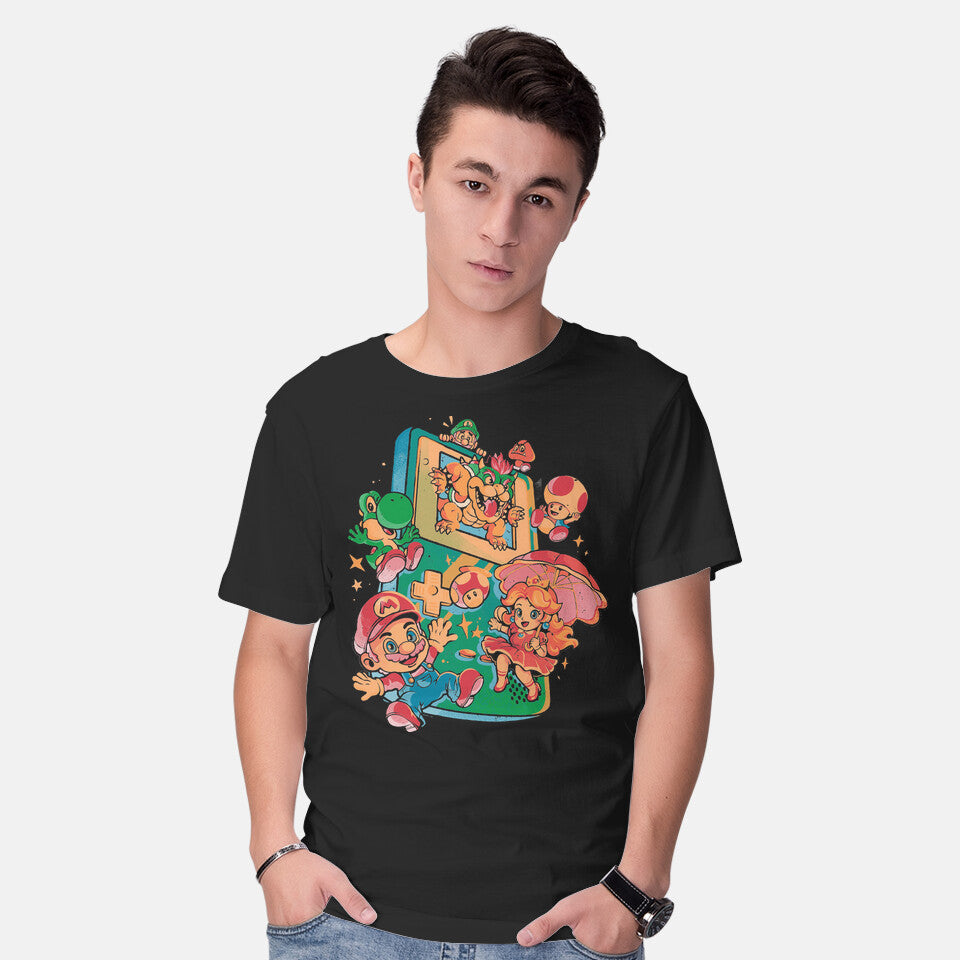 Model wearing black Plumber Game – Gaming Graphic T-Shirt