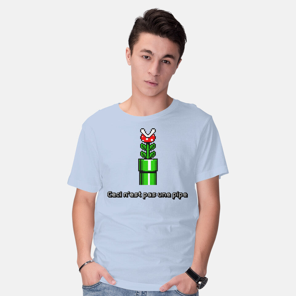 Model wearing blue Pipe – Gaming Graphic T-Shirt