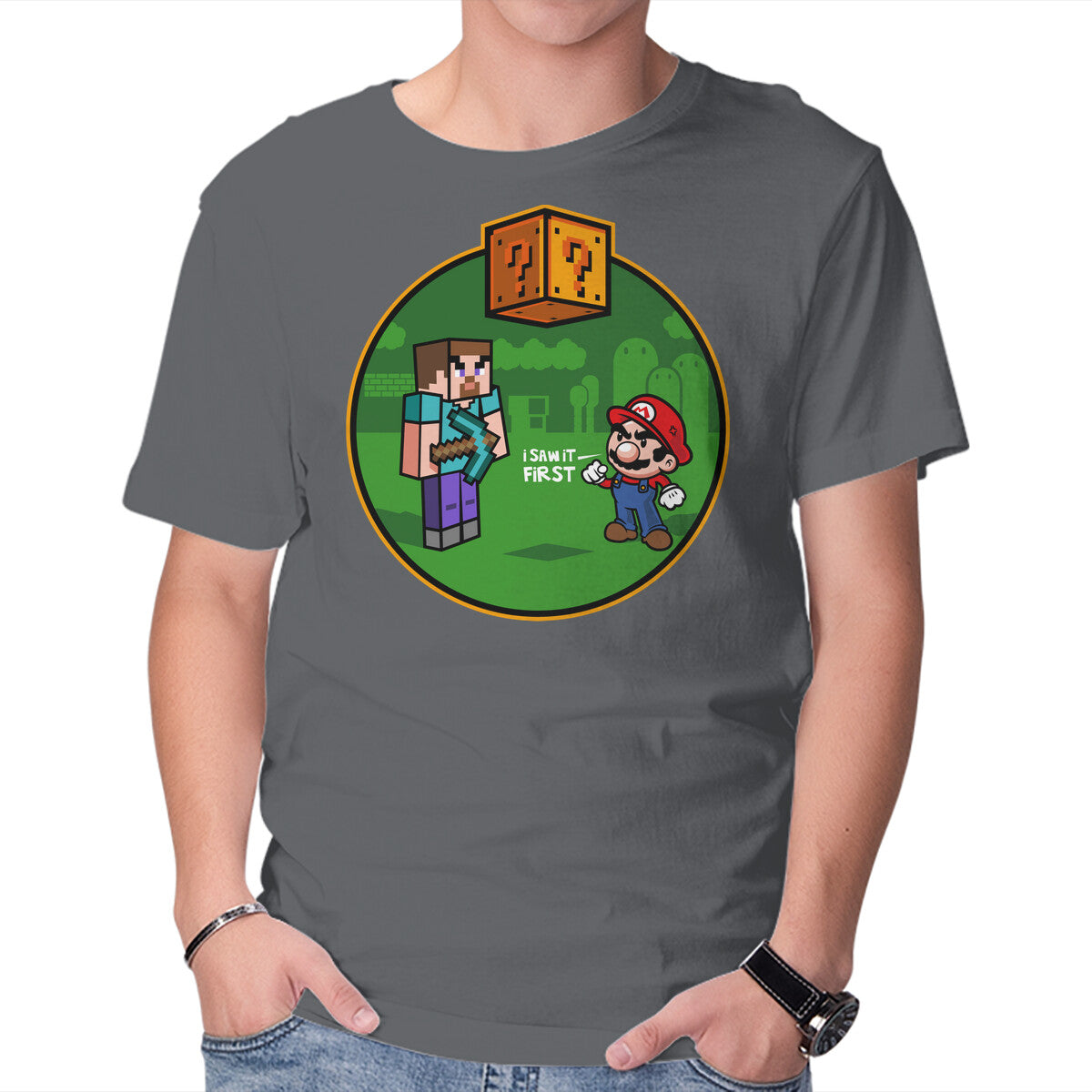 I Saw It First – Gaming Graphic T-Shirt in charcoal, product display