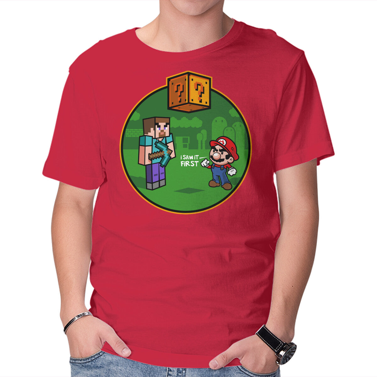 I Saw It First – Gaming Graphic T-Shirt in red, product display
