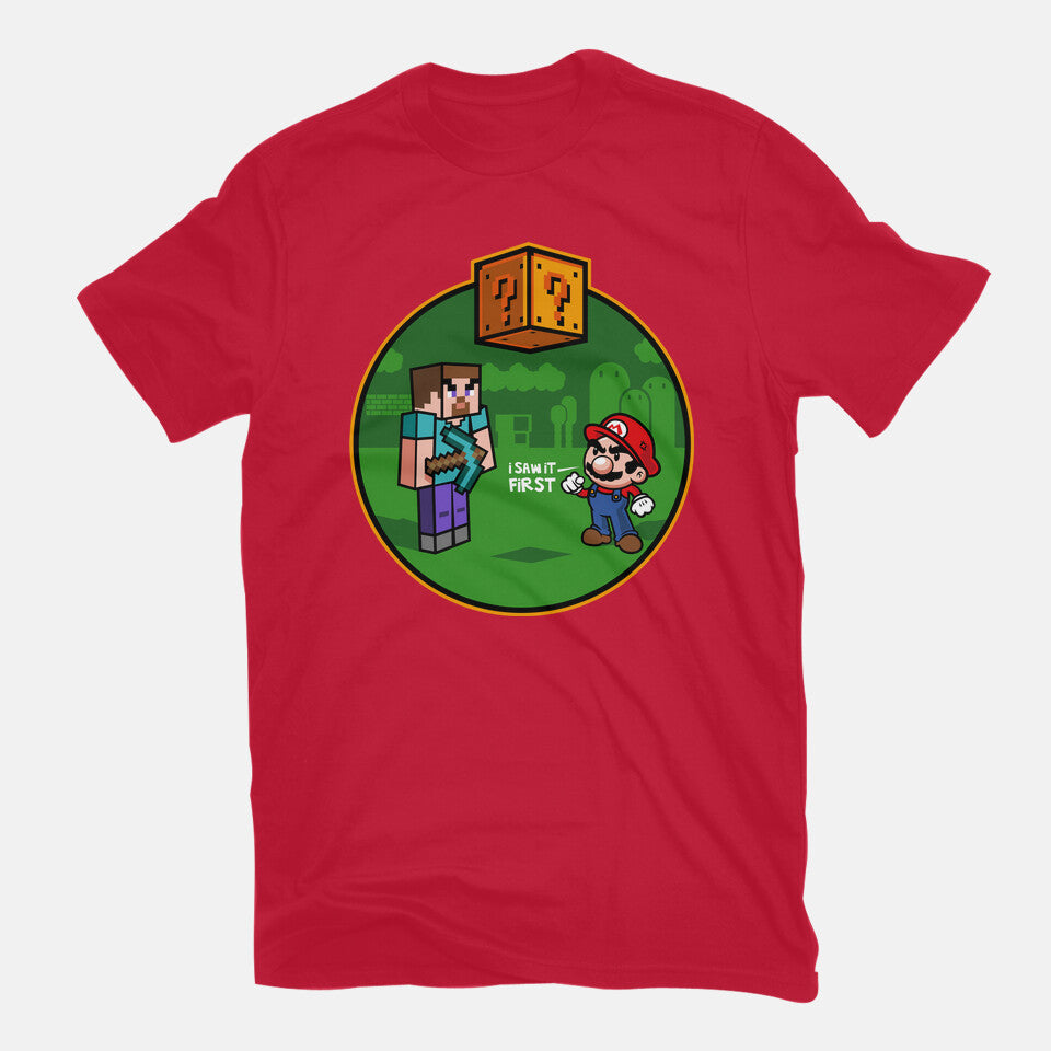 I Saw It First – Gaming Graphic T-Shirt in red, flat-lay product view