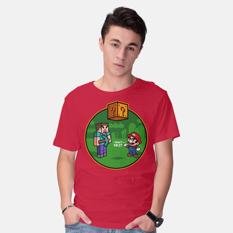 Model wearing red I Saw It First – Gaming Graphic T-Shirt