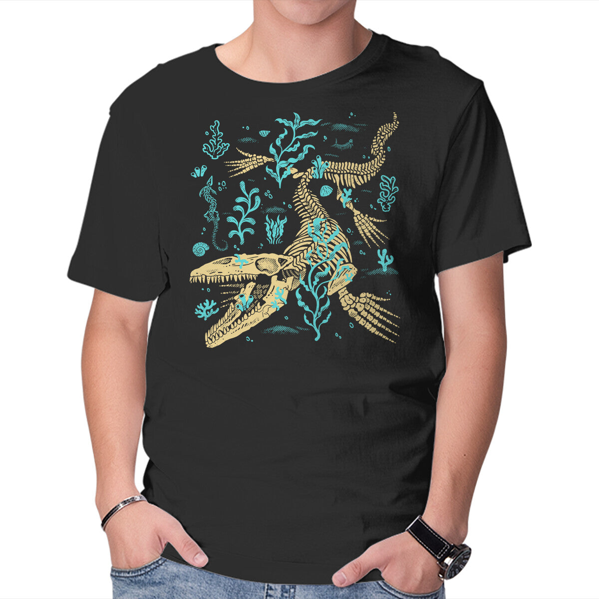 Mosasaurus Fossils – Movie Graphic T-Shirt in black, product display