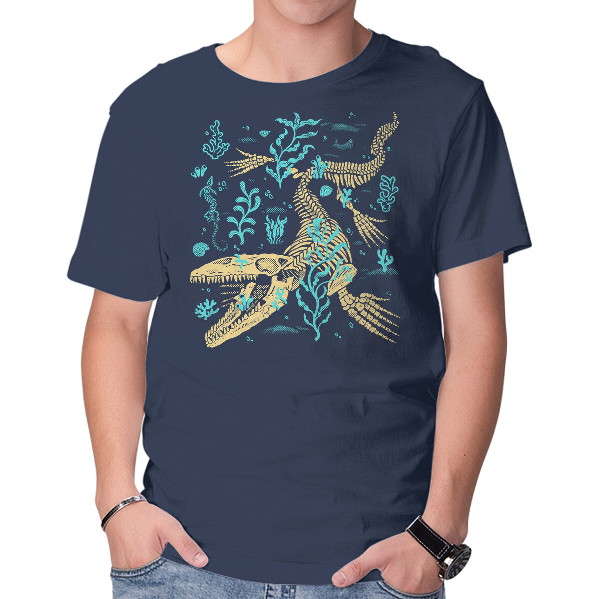 Mosasaurus Fossils – Movie Graphic T-Shirt in navy, product display