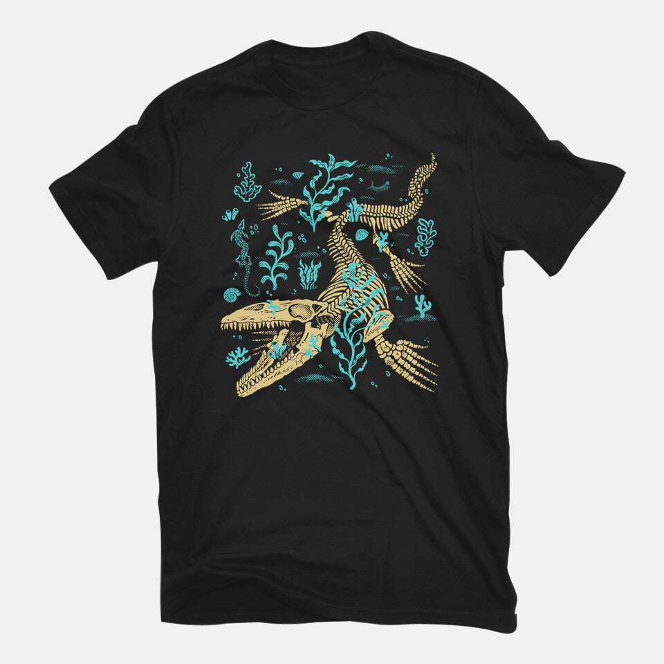 Mosasaurus Fossils – Movie Graphic T-Shirt in black, flat-lay product view