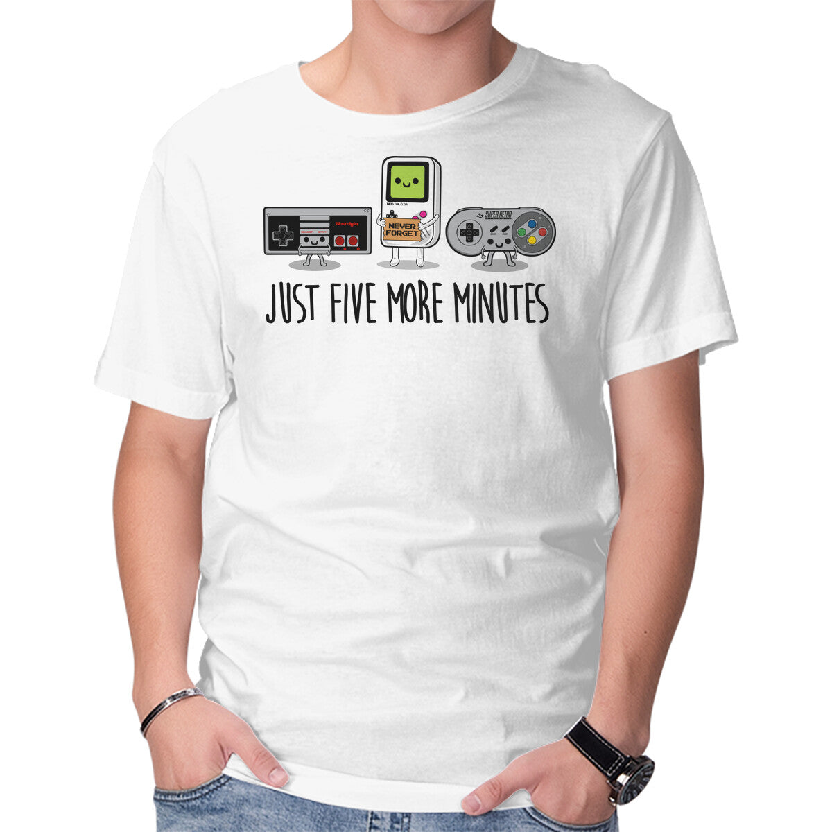 Just Five More Minutes – Gaming Graphic T-Shirt in white, product display
