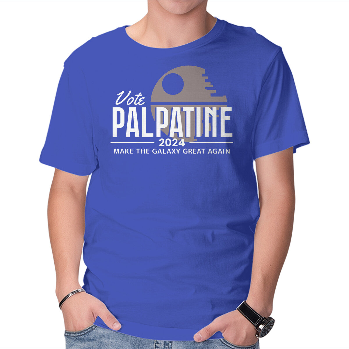 Make The Galaxy Great Again – Sci-Fi Graphic T-Shirt in royal blue, product display