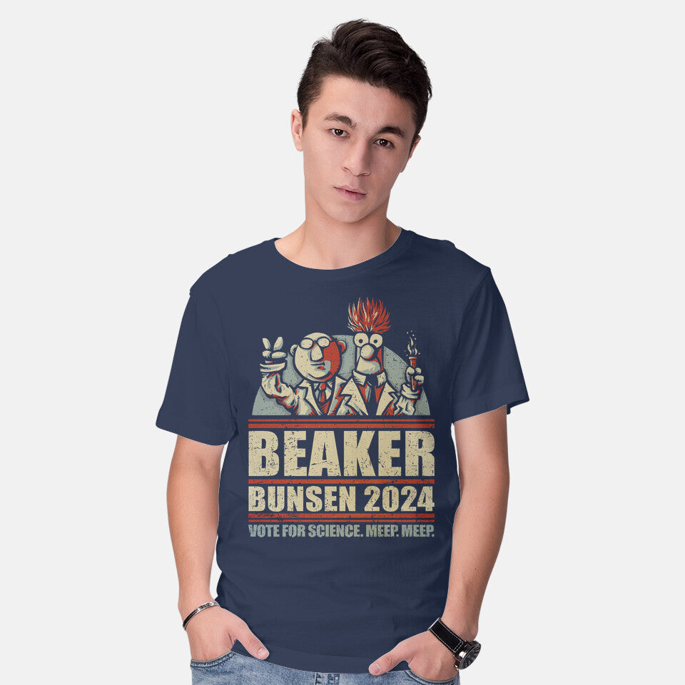 Model wearing navy Vote For Science – Movie Graphic T-Shirt