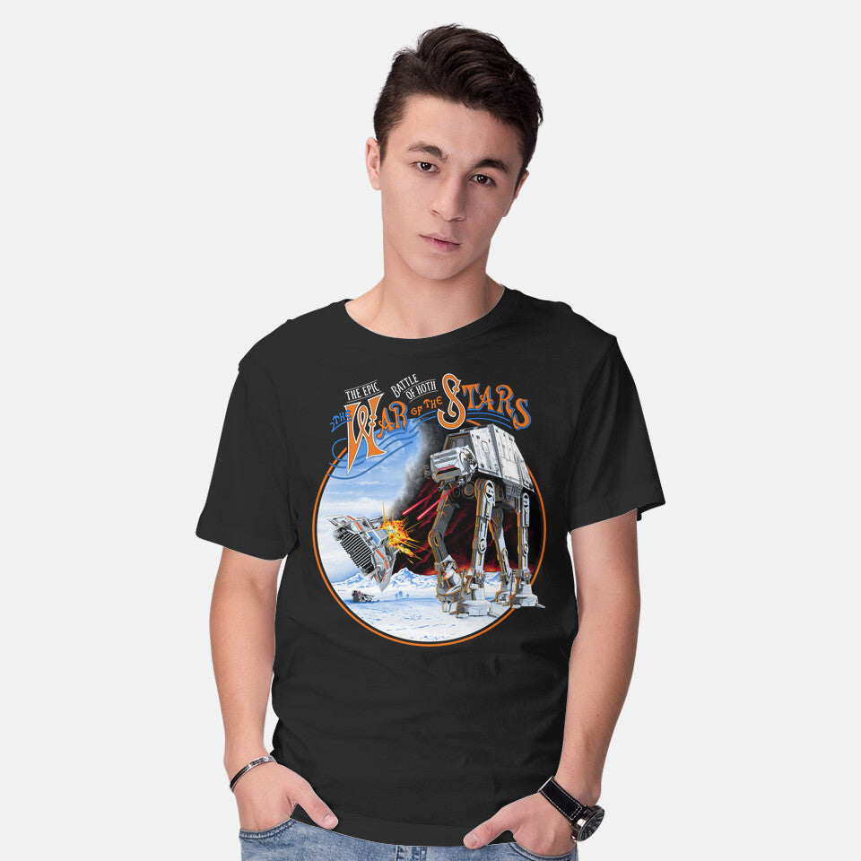 Model wearing black War Of The Stars – Sci-Fi Graphic T-Shirt