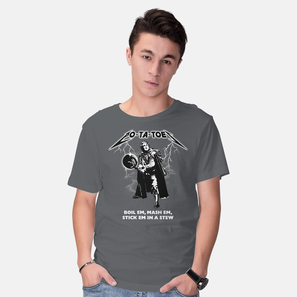 Model wearing charcoal Taters – Fantasy Graphic T-Shirt