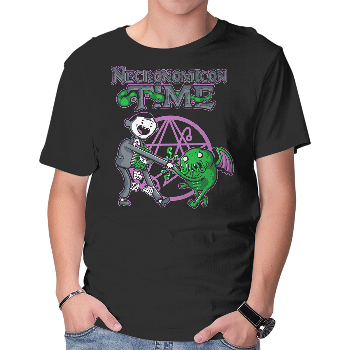 Necronomicon Time Graphic T-Shirt in black, product display