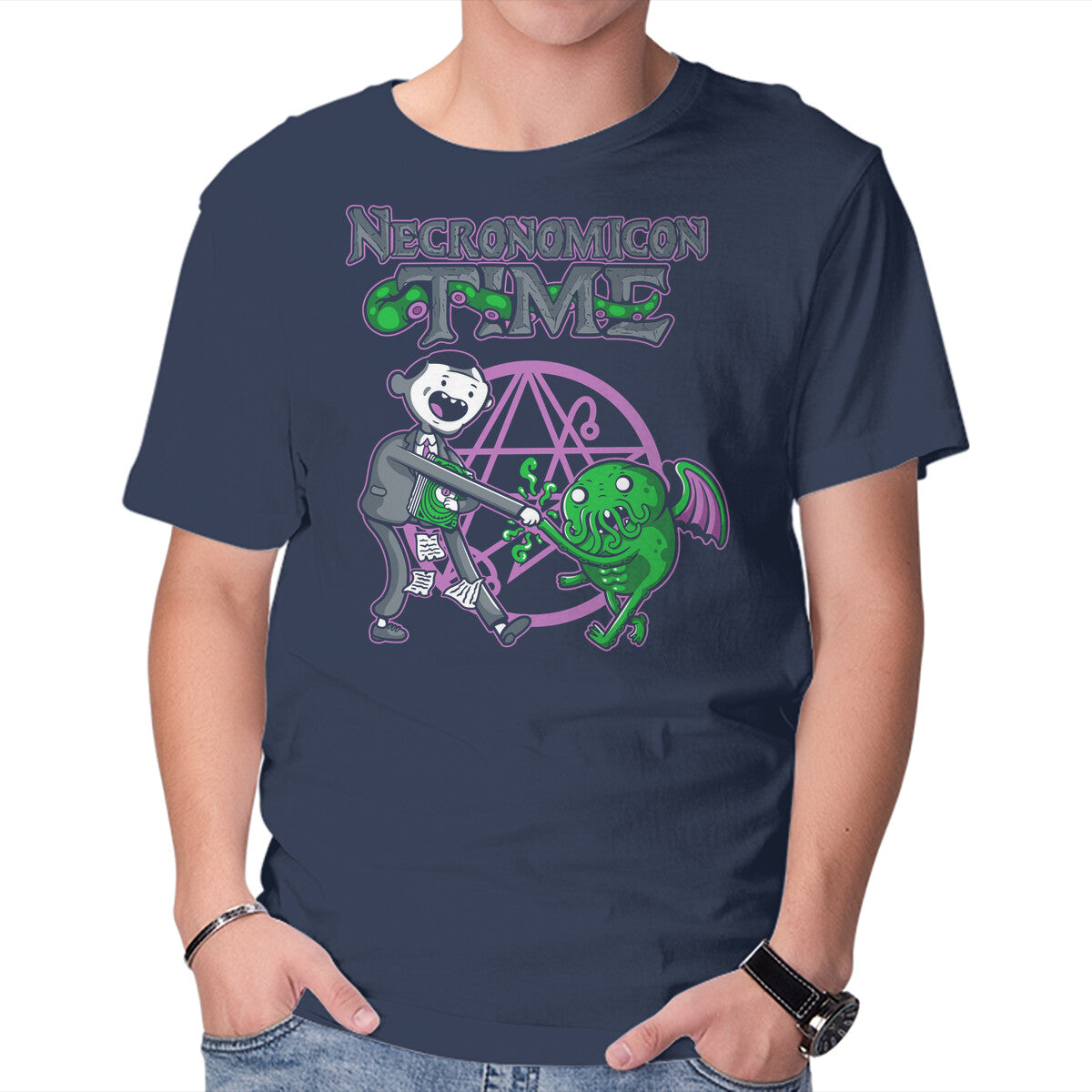 Necronomicon Time Graphic T-Shirt in navy, product display